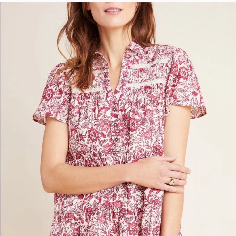 Anthropologie Red Cream Floral Georgina Dress by Maeve XS - Picture 3 of 16